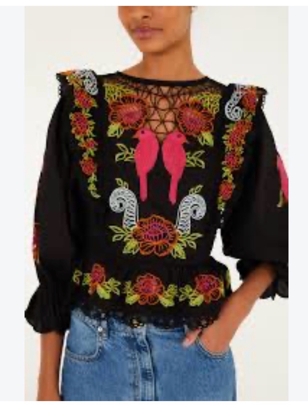 New FARM Rio Black Richelieu Lace and Eyelet Puff Sleeve Blouse